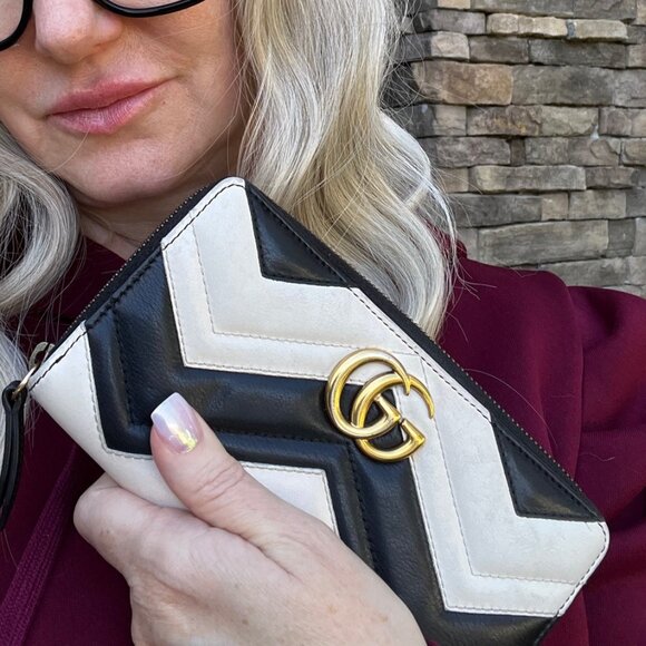 Gucci GG Marmont Chevron Zip Wallet Black & White Leather - Picture 3 of 10